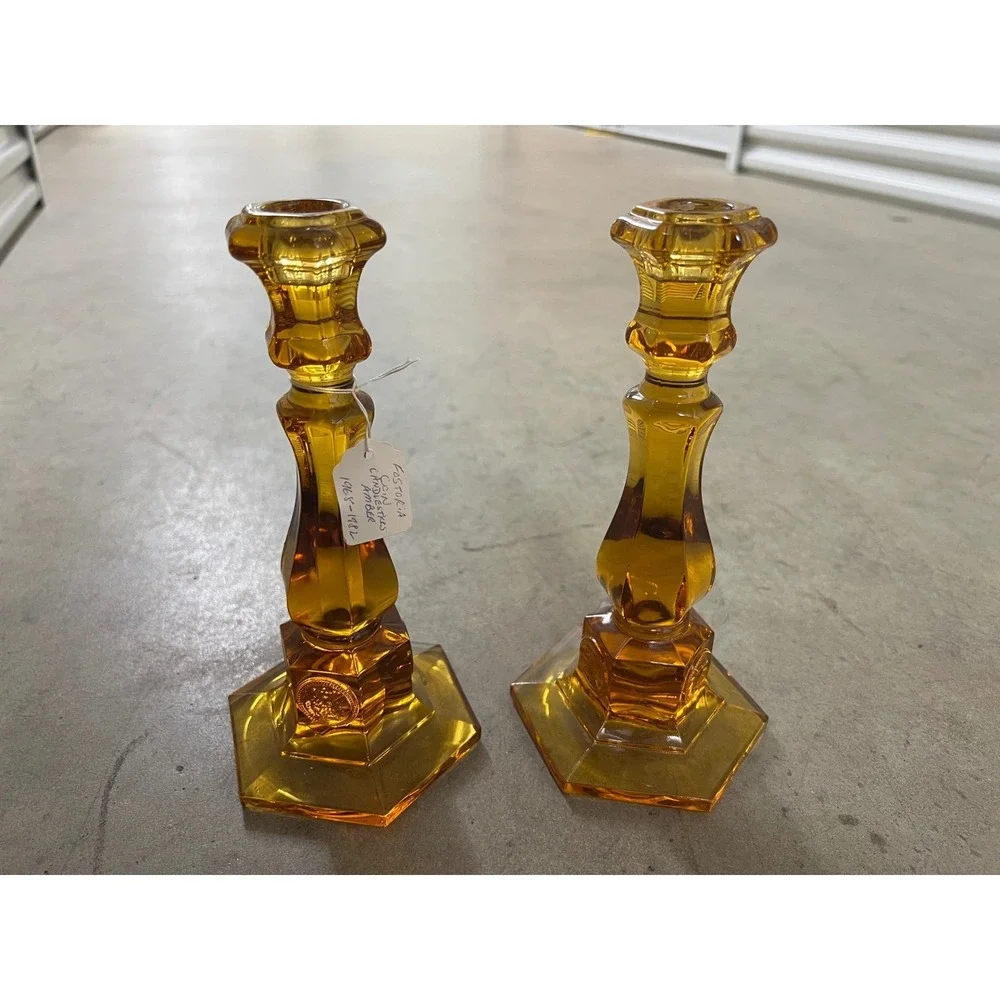 Pair of Vtg. Fostoria Tall Amber Candlestick Holder Glass 8